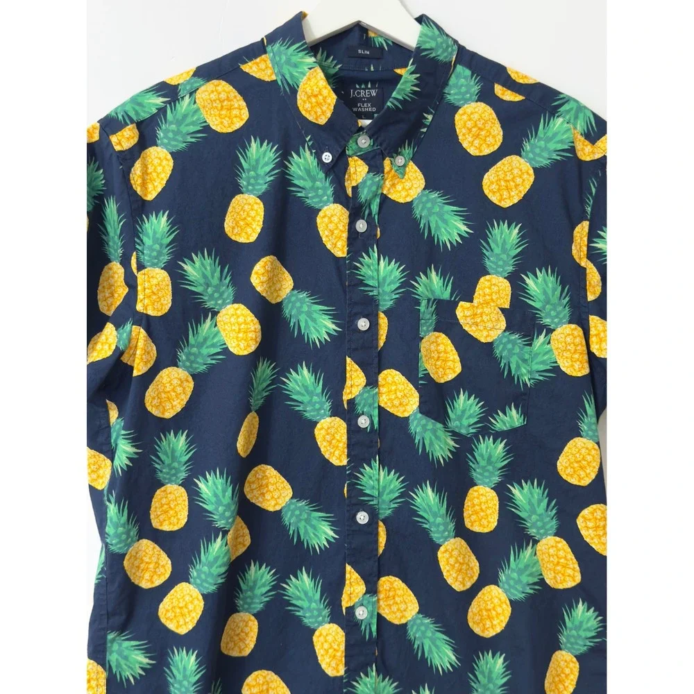 J Crew Mens Slim Fit Short Sleeve Button Down Shirt Large Pineapple Print Resort